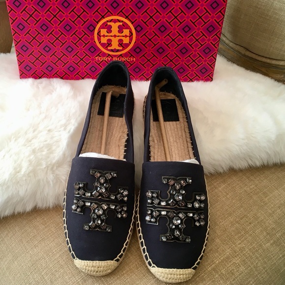 Tory Burch Ines Embellished Logo Flat Casual Canvas Espadrille, Sz 8 - Picture 2 of 13